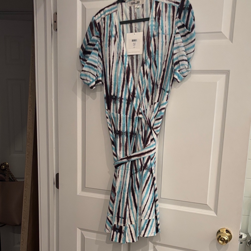 Diane Von Furstenberg Aqua and Brown Striped Midi Dress